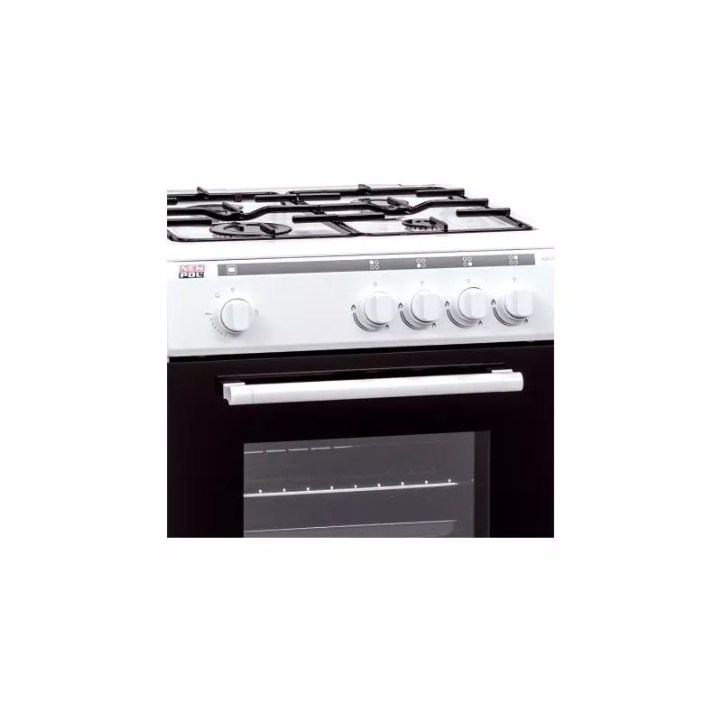 Cocina gas Newpol NWC55BW 4 fuegos con horno 55 L color blanco y negro, acabado en acero inoxidable y diseño moderno.