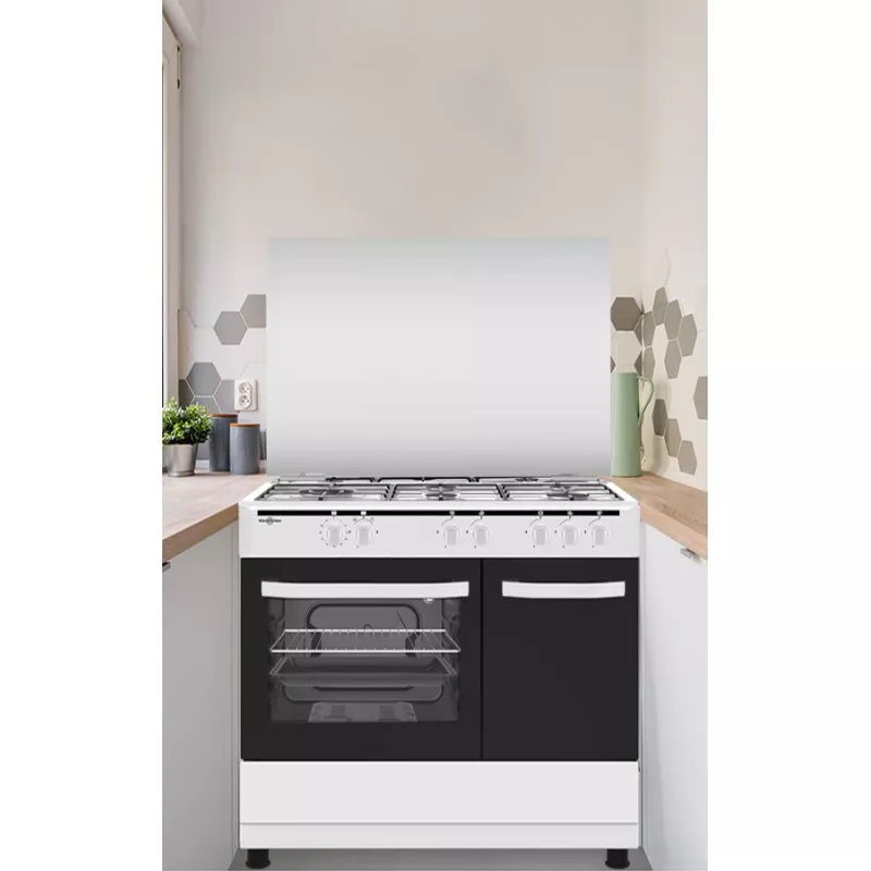 Cocina gas Vitrokitchen CB961PBB blanca con 5 fuegos, horno de 64 L y diseño moderno en acabado mate.