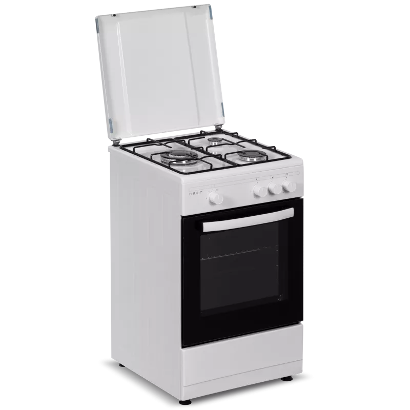 Cocina gas Nevir NVR-CB3H 3 fuegos wok blanca con horno de 43 L y diseño moderno.