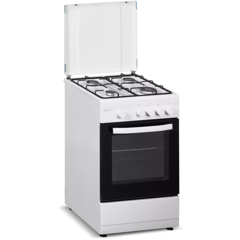 Cocina gas Nevir NVR-CB4H 4 fuegos horno 43 L blanca con acabado en acero y puerta de vidrio transparente.