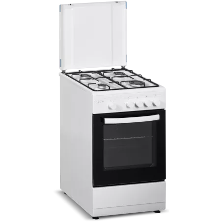 Cocina gas Nevir NVR-CB4H 4 fuegos horno 43 L blanca con acabado en acero y puerta de vidrio transparente.