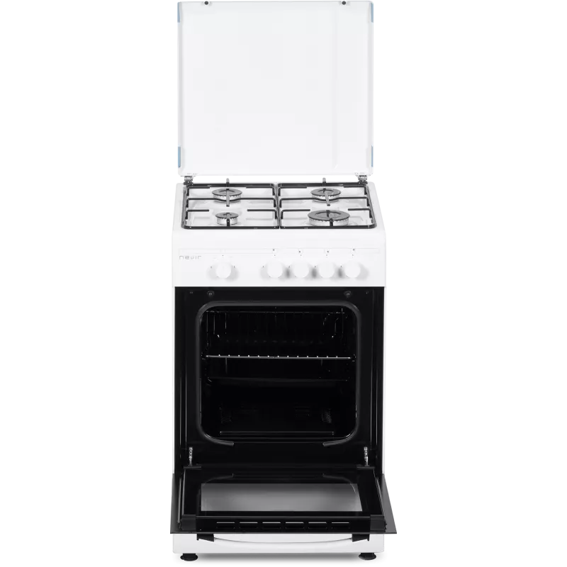 Cocina gas Nevir NVR-CB4H 4 fuegos horno 43 L blanco, diseño moderno con acabado en acero y un amplio horno.