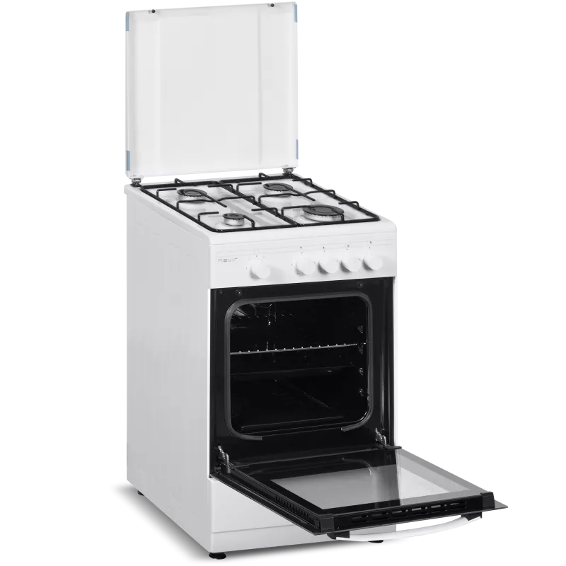 Cocina gas Nevir NVR-CB4H 4 fuegos horno 43 L de color blanco, diseño compacto y acabado en acero.