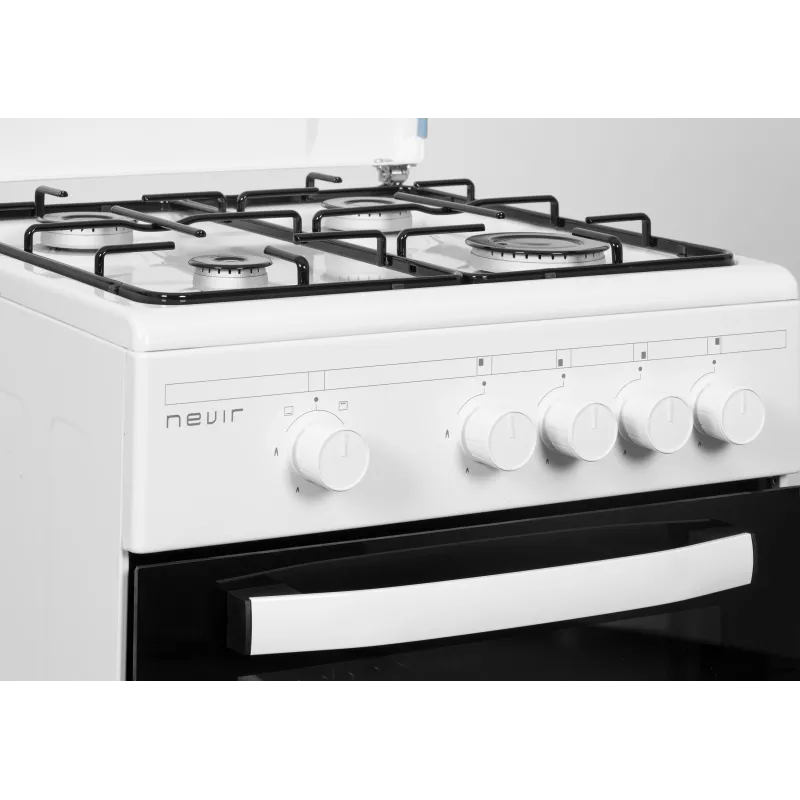 Cocina gas Nevir NVR-CB4H 4 fuegos horno 43 L blanca con diseño moderno y acabados en acero inoxidable.