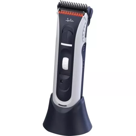 Cortapelos recargable Jata MP373N en color negro y plata con diseño ergonómico y base de carga integrada.
