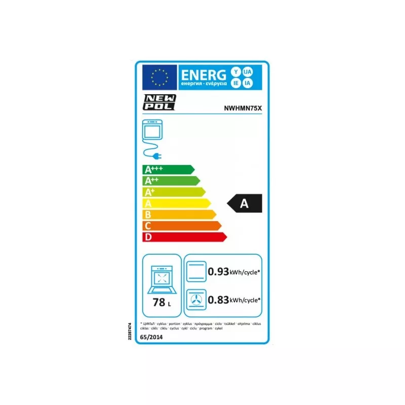 Horno multifunción New Pol NWHMN75X 78 L inox eficiente con calificación energética A y diseño moderno.