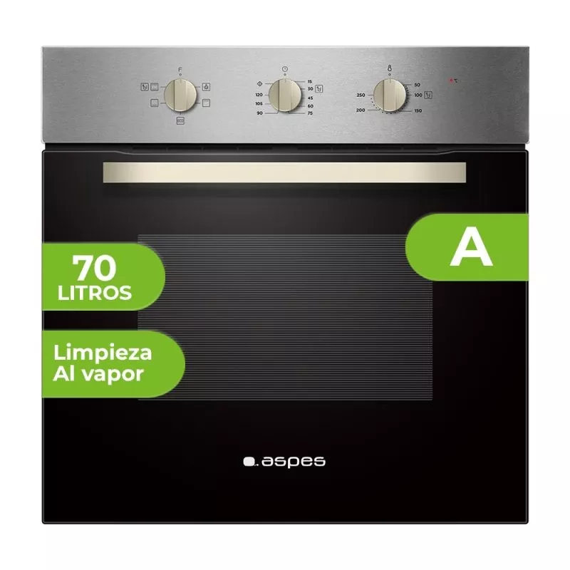 Horno multifunción Aspes AHM6700DX 69 L inox con acabado en acero inoxidable y limpieza al vapor.