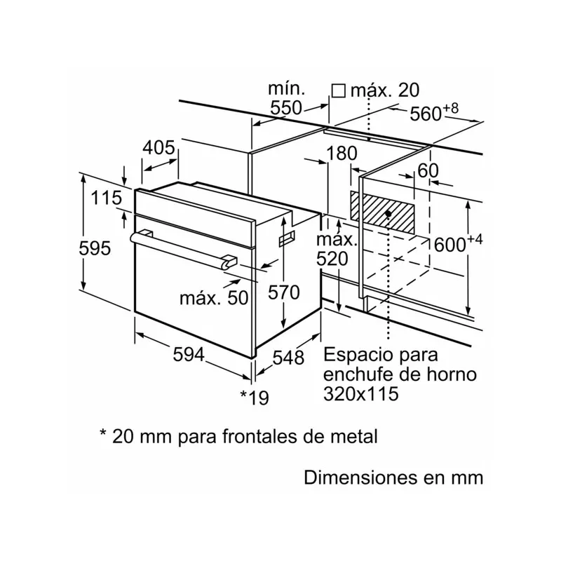 Horno multifunción Balay 3HB2031X0 66 L inox de acero inoxidable con diseño compacto y medidas para instalación.