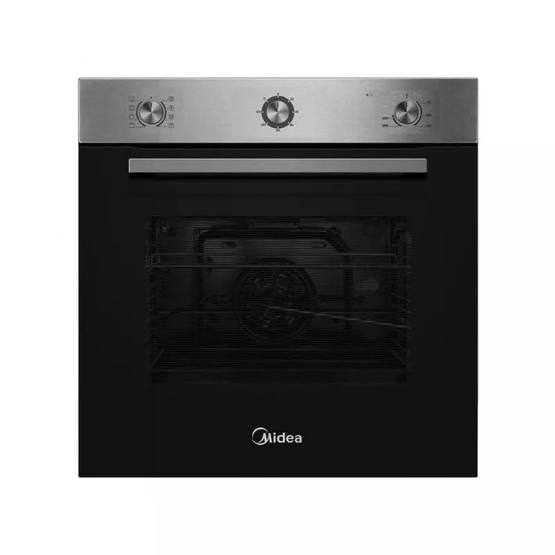 Horno multifunción Midea MCO6070MMAJ 70 L inox de diseño elegante en acero inoxidable y acabado negro mate.