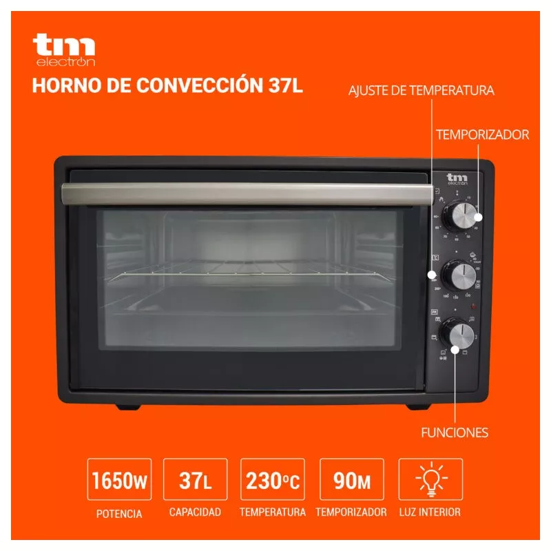 Horno sobremesa TM Electron TMPHO037 37 L 1650 W negro con diseño moderno y funciones de convección y temporizador.