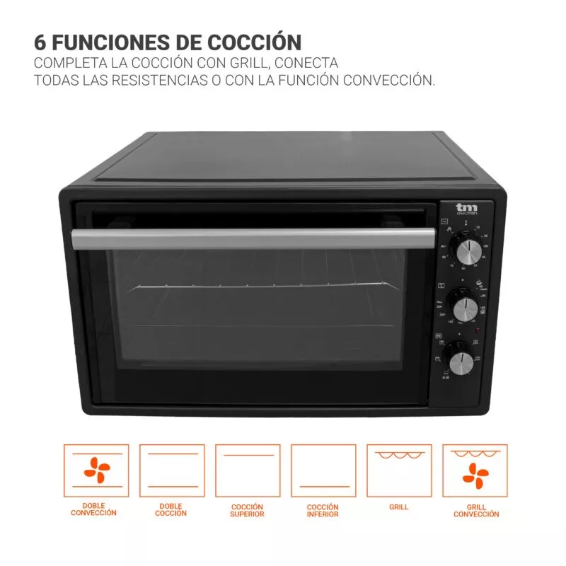 Horno sobremesa TM Electron TMPHO037 37 L 1650 W color negro con 6 funciones de cocción y diseño compacto.
