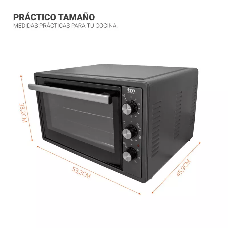 Horno sobremesa TM Electron TMPHO037 37 L 1650 W color negro con diseño compacto y controles giratorios.