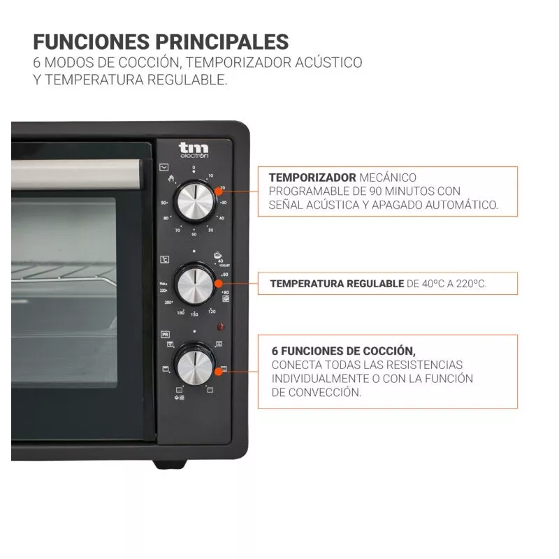 Horno sobremesa TM Electron TMPHO037 37 L 1650 W con diseño negro, temporizador mecánico y temperatura regulable de 40°C a 220°C