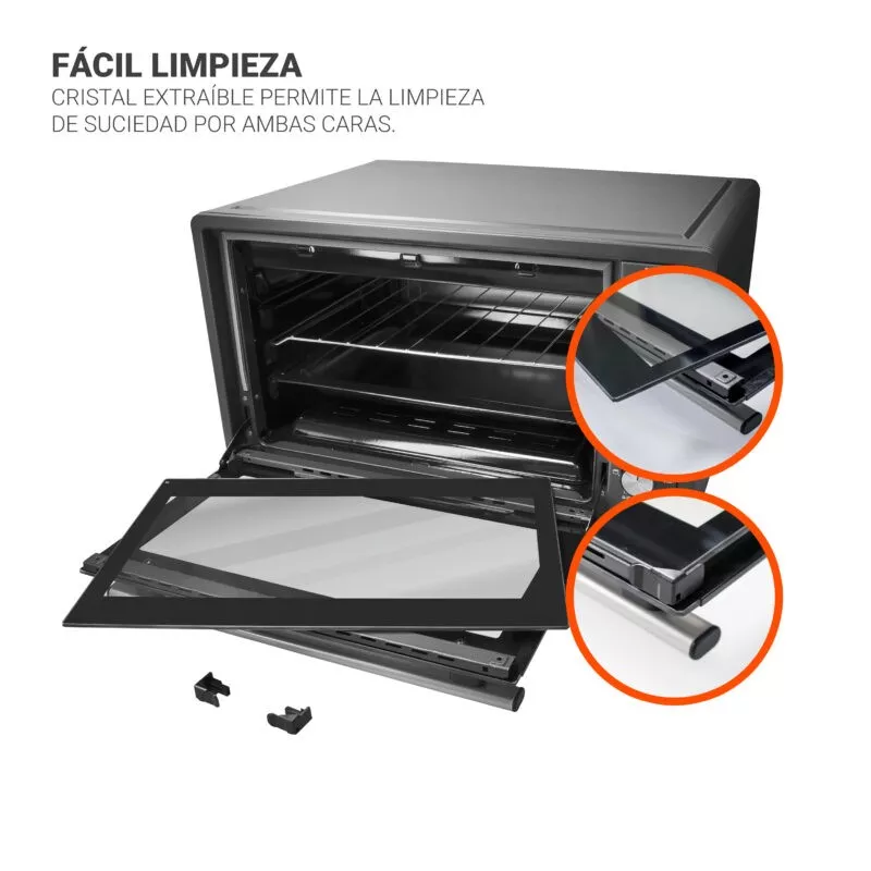 Horno sobremesa TM Electron TMPHO037 37 L 1650 W color negro con cristal extraíble para fácil limpieza.