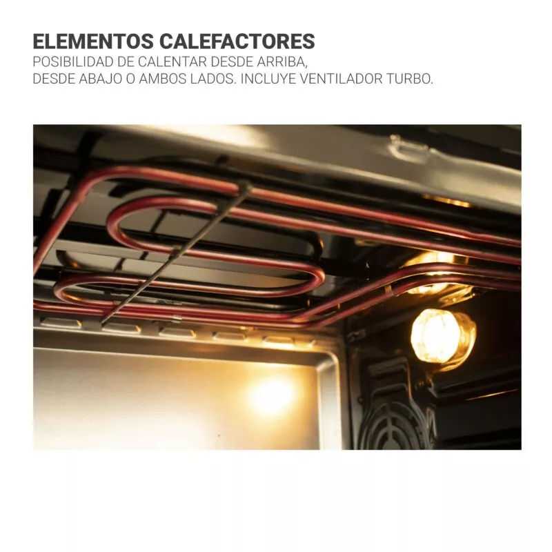 Horno sobremesa TM Electron TMPHO037 37 L 1650 W con elementos calefactores y ventilador turbo para cocción eficiente.