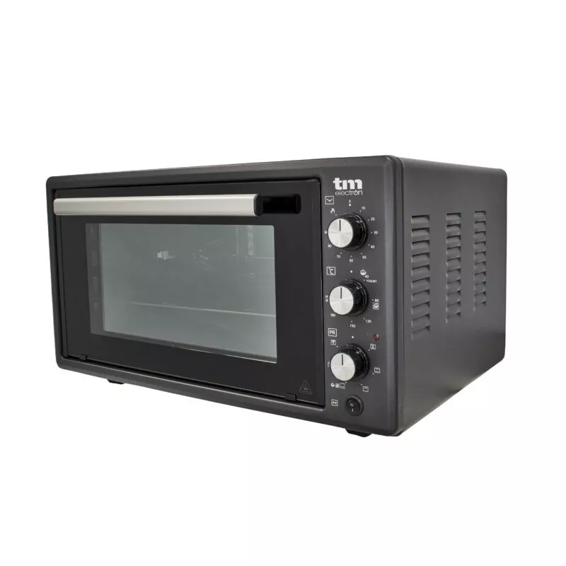Horno sobremesa TM Electron TMPHO045 45 L 1400 W color negro con panel frontal de vidrio y controles giratorios.