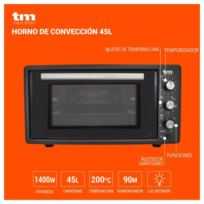 Horno sobremesa TM Electron TMPHO045 45 L 1400 W negro con temporizador y luz interior para mejor visualización.