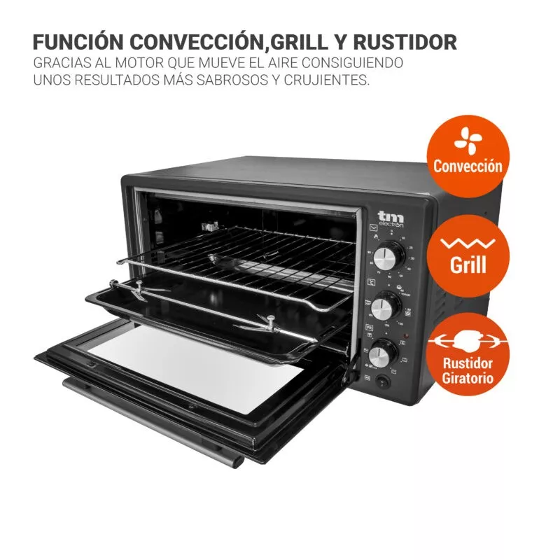 Horno sobremesa TM Electron TMPHO045 45 L 1400 W negro con funciones de convección, grill y rustidor.