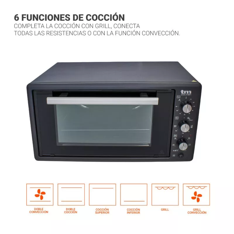 Horno sobremesa TM Electron TMPHO045 45 L 1400 W negro con 6 funciones de cocción y diseño moderno.