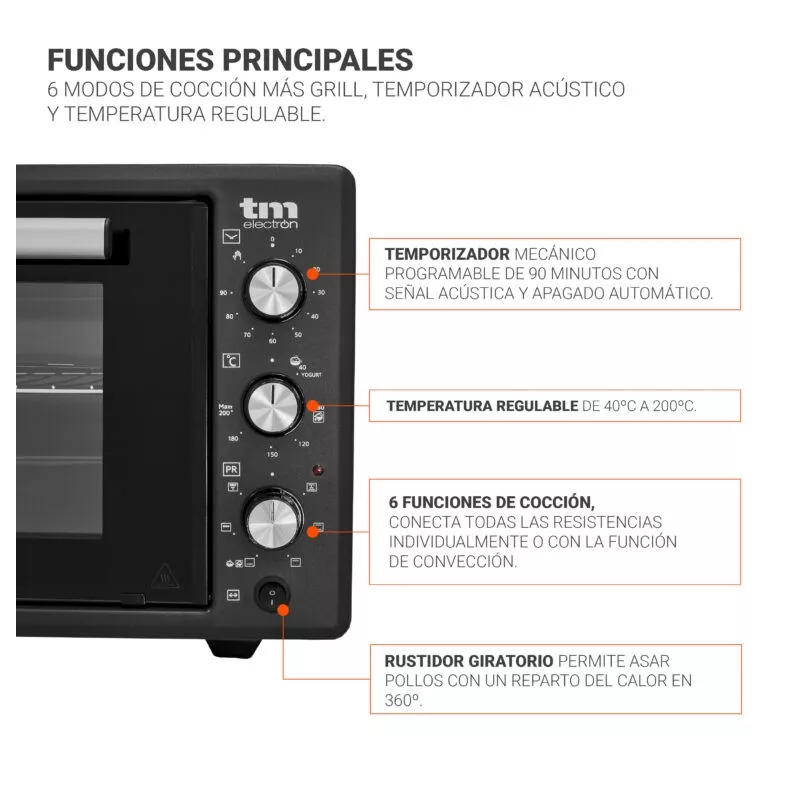 Horno sobremesa TM Electron TMPHO045 45 L 1400 W negro con temporizador y seis funciones de cocción regulables.