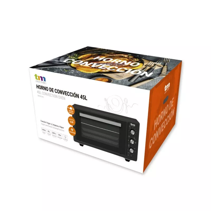 Horno sobremesa TM Electron TMPHO045 45 L 1400 W color negro con diseño compacto y elegante ideal para cocinar.