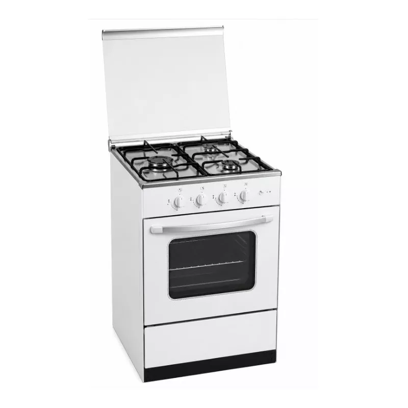 Cocina gas Gralux FQ 4200/1 3 fuegos con horno y grill en color blanco, diseño compacto y acabado en acero inoxidable.
