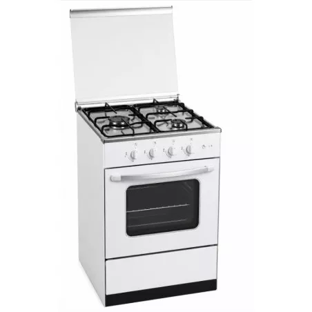 Cocina gas Gralux FQ 4200/1 3 fuegos con horno y grill en color blanco, diseño compacto y acabado en acero inoxidable.