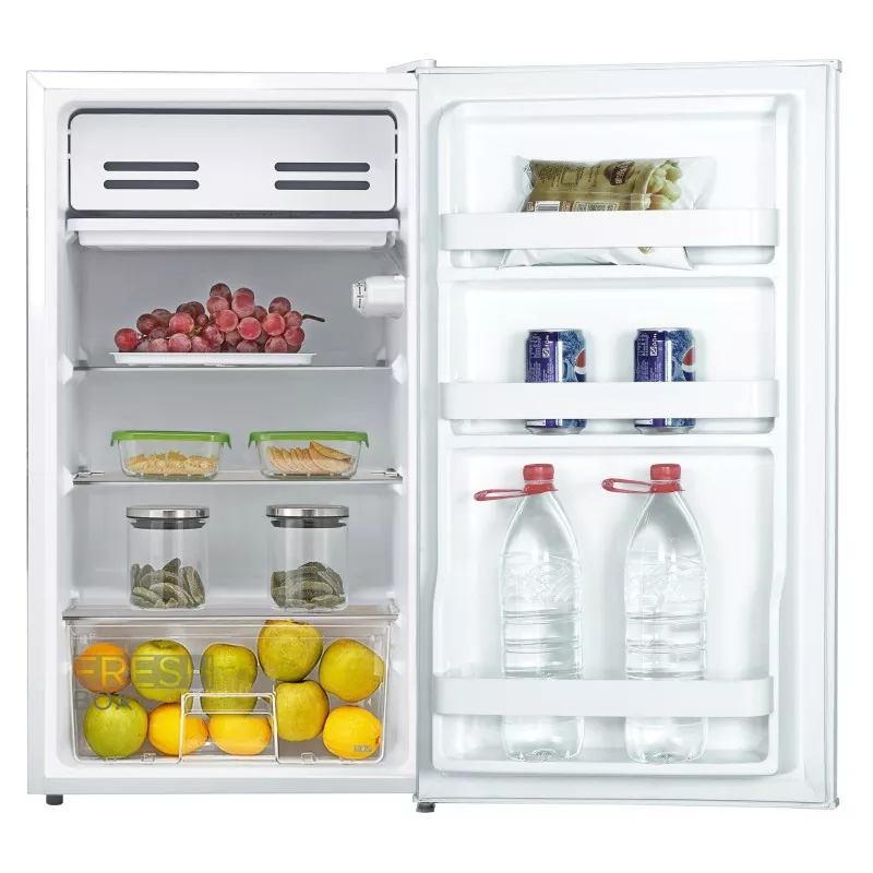 Frigorífico Midea MDRD142FGE01 blanco 93 L con estantes de vidrio, diseño compacto y acabado brillante.