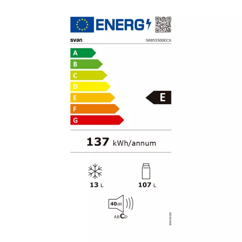 FRIGO SVAN SR855500ECX 0,85 CM. INOX con eficiencia energética E y capacidad de 13 L en congelador y 107 L en refrigerador