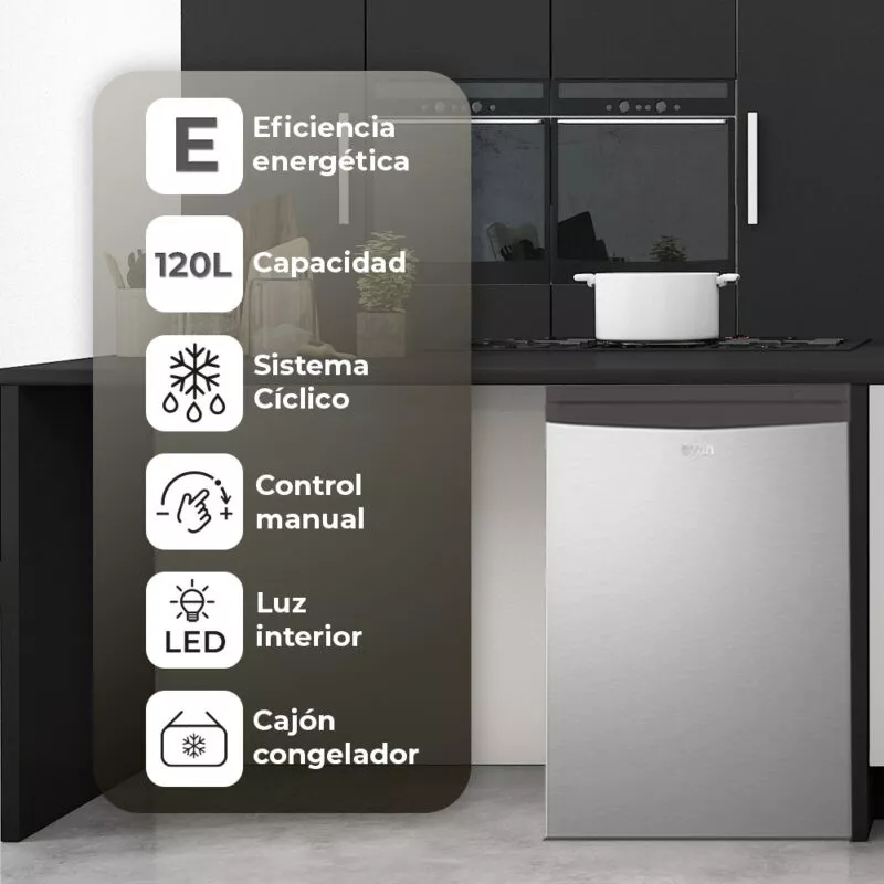 FRIGO SVAN SR855500ECX 0,85 CM. INOX, eficiente, color inox, 120L, sistema cíclico, control manual, cajón congelador.