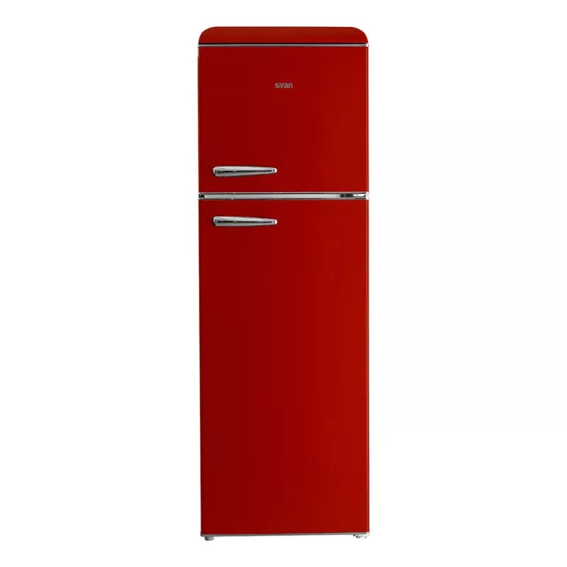 Frigorífico retro Svan SVRR1800 rojo 2 puertas 224 L con acabado brillante y diseño vintage elegante.