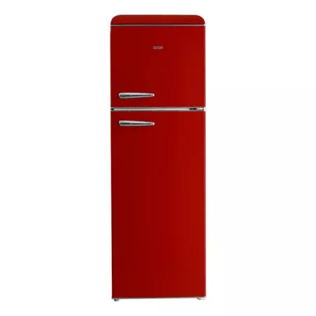 Frigorífico retro Svan SVRR1800 rojo 2 puertas 224 L con acabado brillante y diseño vintage elegante.