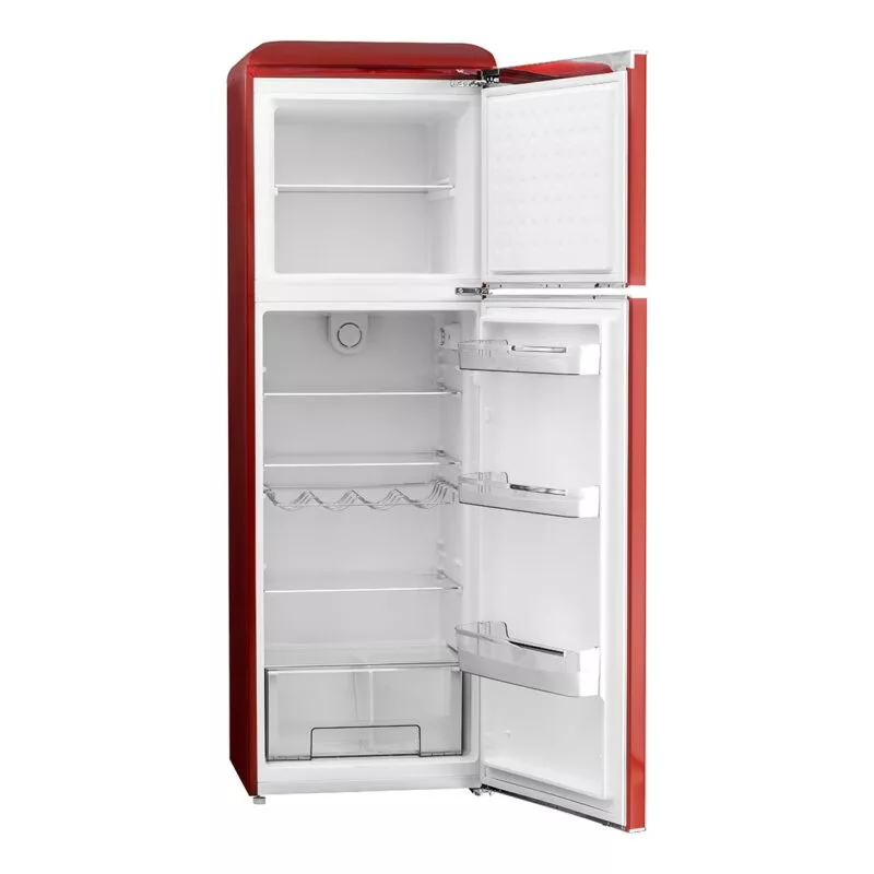 Frigorífico retro Svan SVRR1800 rojo de 2 puertas, acabado brillante y capacidad de 224 L con estantes ajustables.
