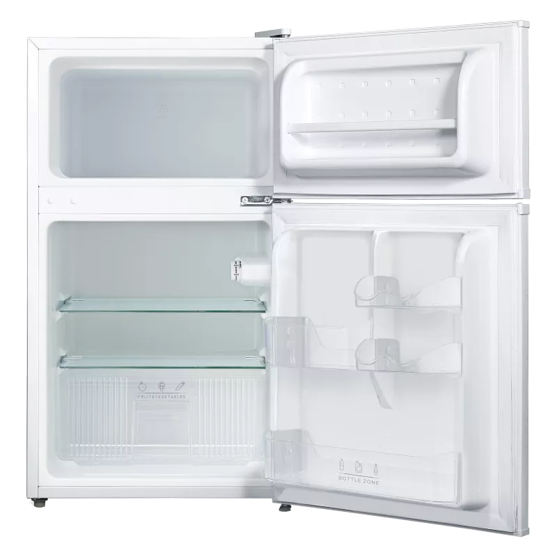 Frigorífico 2 puertas Nevir NVR-DD58650-BE blanco 87 L con estantes de vidrio y diseño moderno para optimizar el espacio.