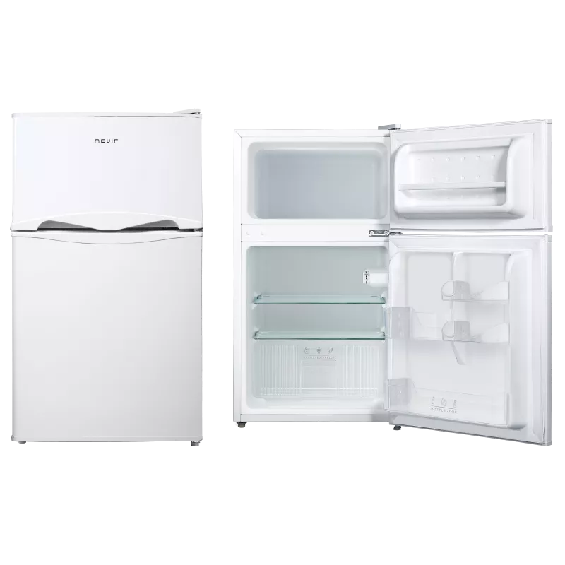 Frigorífico 2 puertas Nevir NVR-DD58650-BE blanco 87 L con acabado brillante y diseño moderno, ideal para espacios pequeños.
