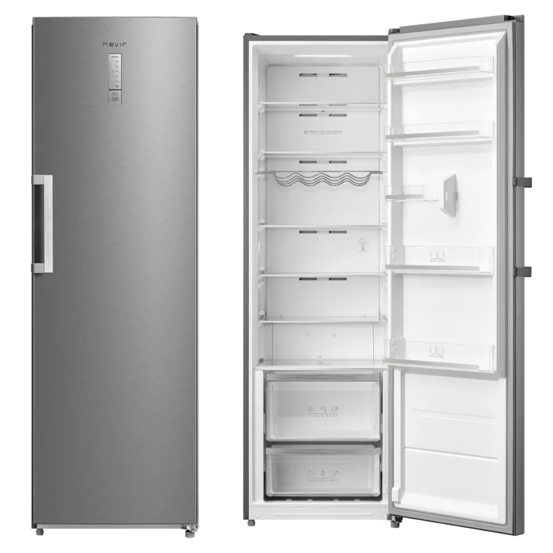 Frigorífico Nevir NVR-5626NVSDI No Frost inox 362 L con acabado en acero inoxidable y diseño vertical elegante.
