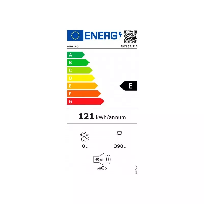 Frigorífico New Pol NWL1851PE No Frost blanco de 390 L con eficiencia energética clase E y bajo nivel sonoro.