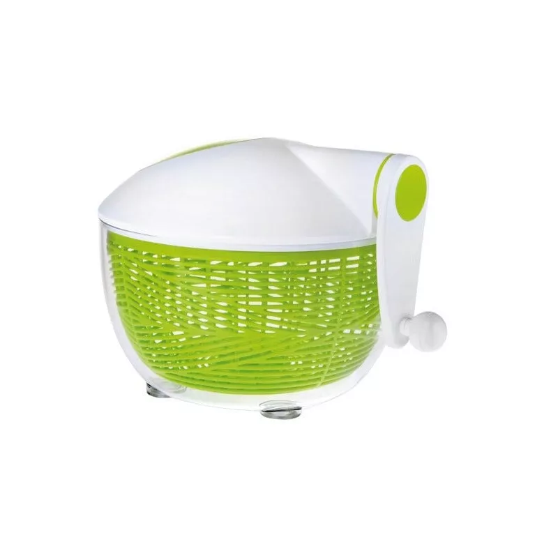 Centrifugadora ensalada Ibili Essential Mini 20 cm con diseño compacto, color blanco y verde, y cesto de materiales plásticos.