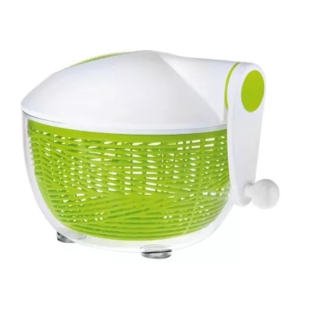 Centrifugadora ensalada Ibili Essential Mini 20 cm con diseño compacto, color blanco y verde, y cesto de materiales plásticos.