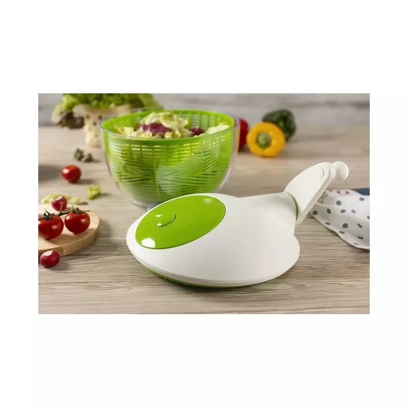 Centrifugadora ensalada Ibili Essential Mini 20 cm blanca y verde, diseño compacto con tapa de fácil uso.